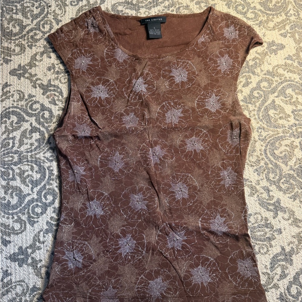 Brown Floral Women's Top Mesh